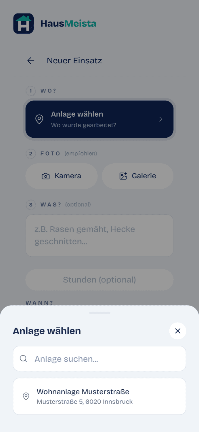 Einsatz anlegen: Anlage wählen, Foto, fertig