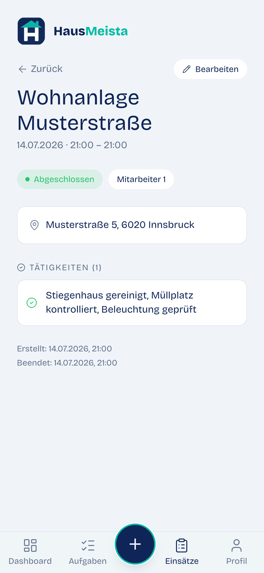 Fertiger Einsatz-Nachweis mit Zeit, Ort, Tätigkeiten und Status Abgeschlossen
